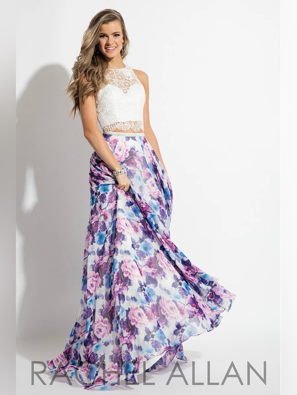 Rachel Allan Two-Piece Floral Prom Dress - White Lace & Purple/Blue Size 2